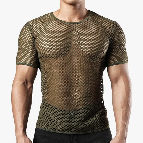 Other - Olive Mesh Fishnet Men’s Short Sleeve Top, New Without Tags